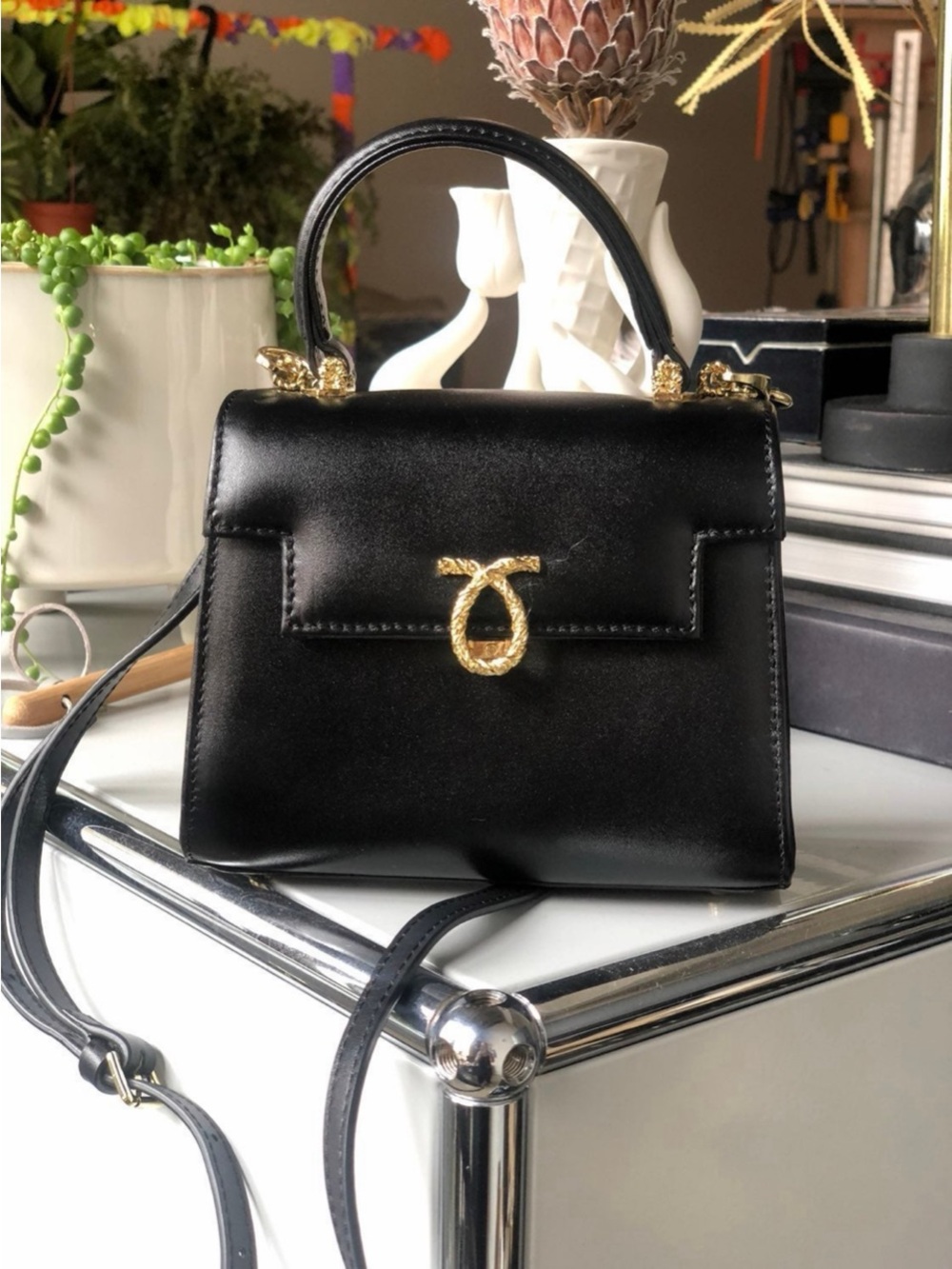 Women's Vegan Leather Mini Satchel Crossbody Bag with Gold Hardware
